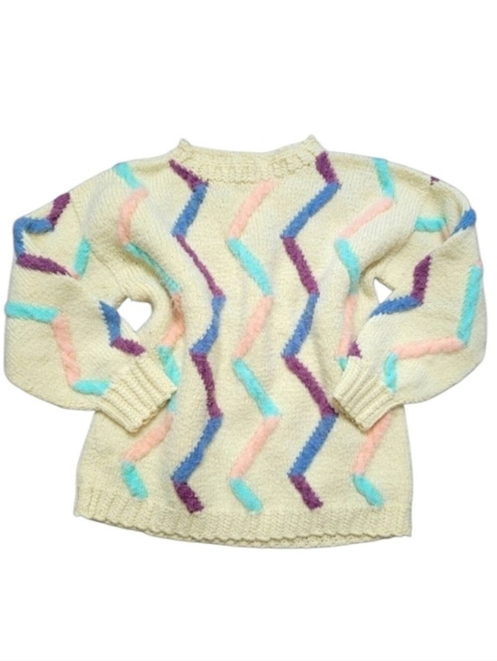 Vintage Pastel Zig Zag Textured Pullover Heavy Wool Blend Sweater 90's 80's S/M